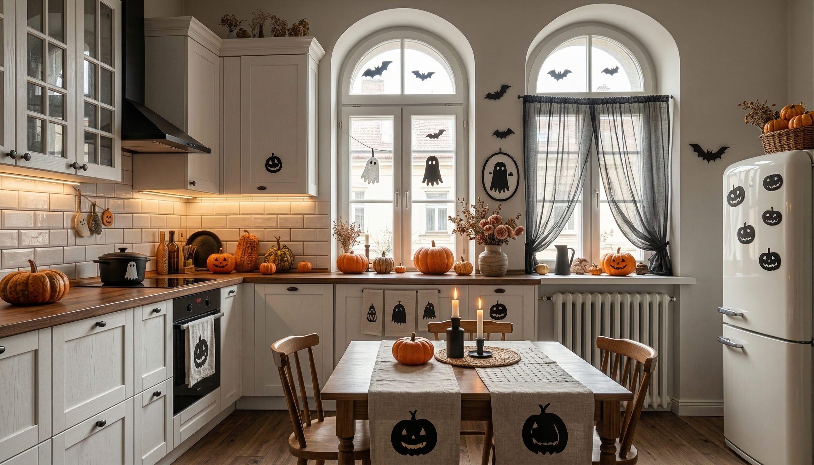 Mit Kürbissen, Fledermäusen und Geistern dekorierte Halloween-Küche