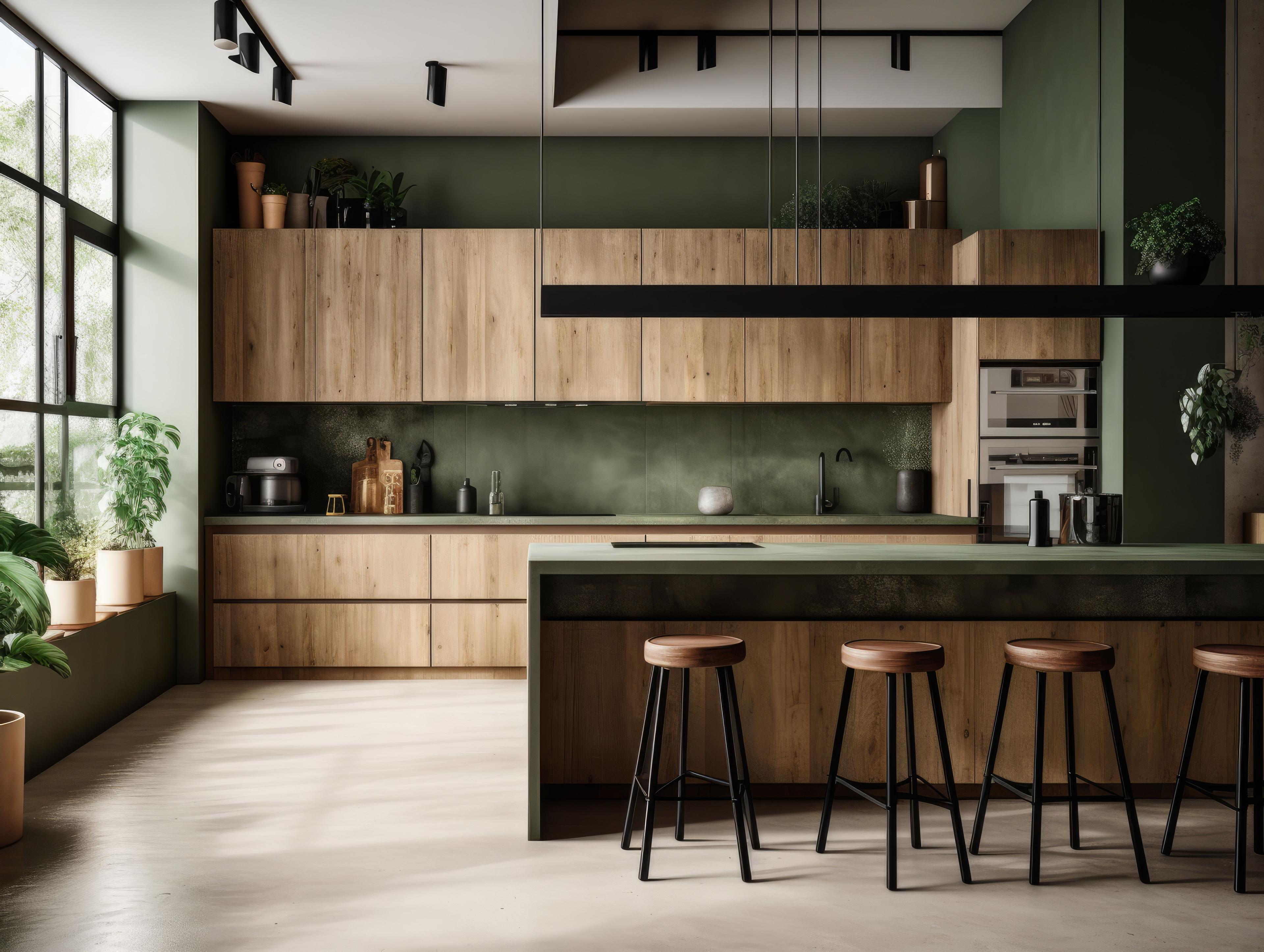Moderne Küche mit Holzfronten, grün gestrichenen Wänden, großer Kücheninsel mit schwarzen Barhockern und großen Fenstern für viel Tageslicht.