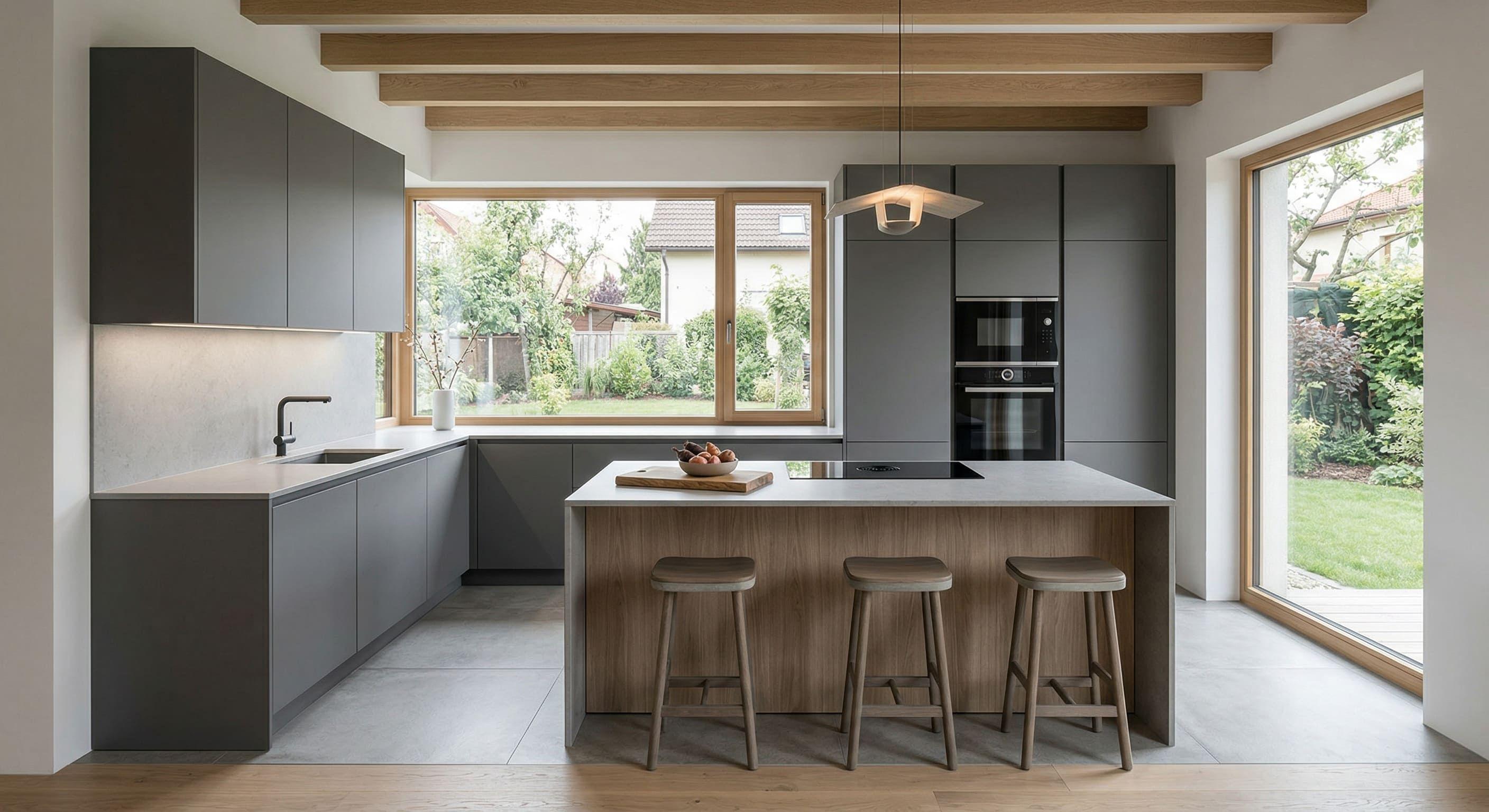 Minimalistische Küche mit grauen Fronten, Kücheninsel aus Holz mit drei Hockern, großen Fenstern und Blick in den Garten.