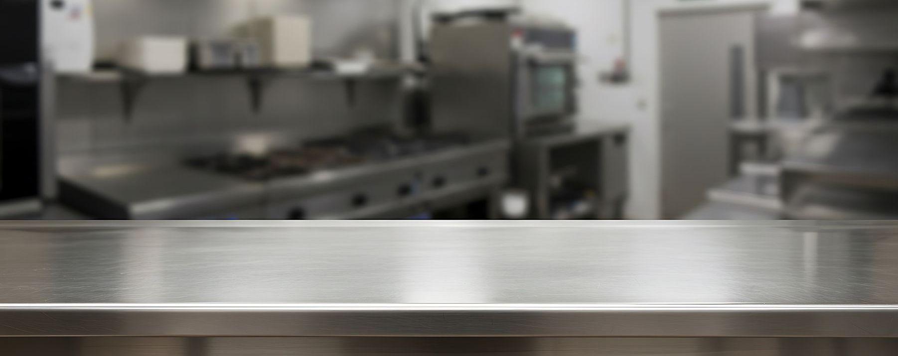 Edelstahl-Arbeitsplatte vor Gewerbeküche, breit zugeschnitten