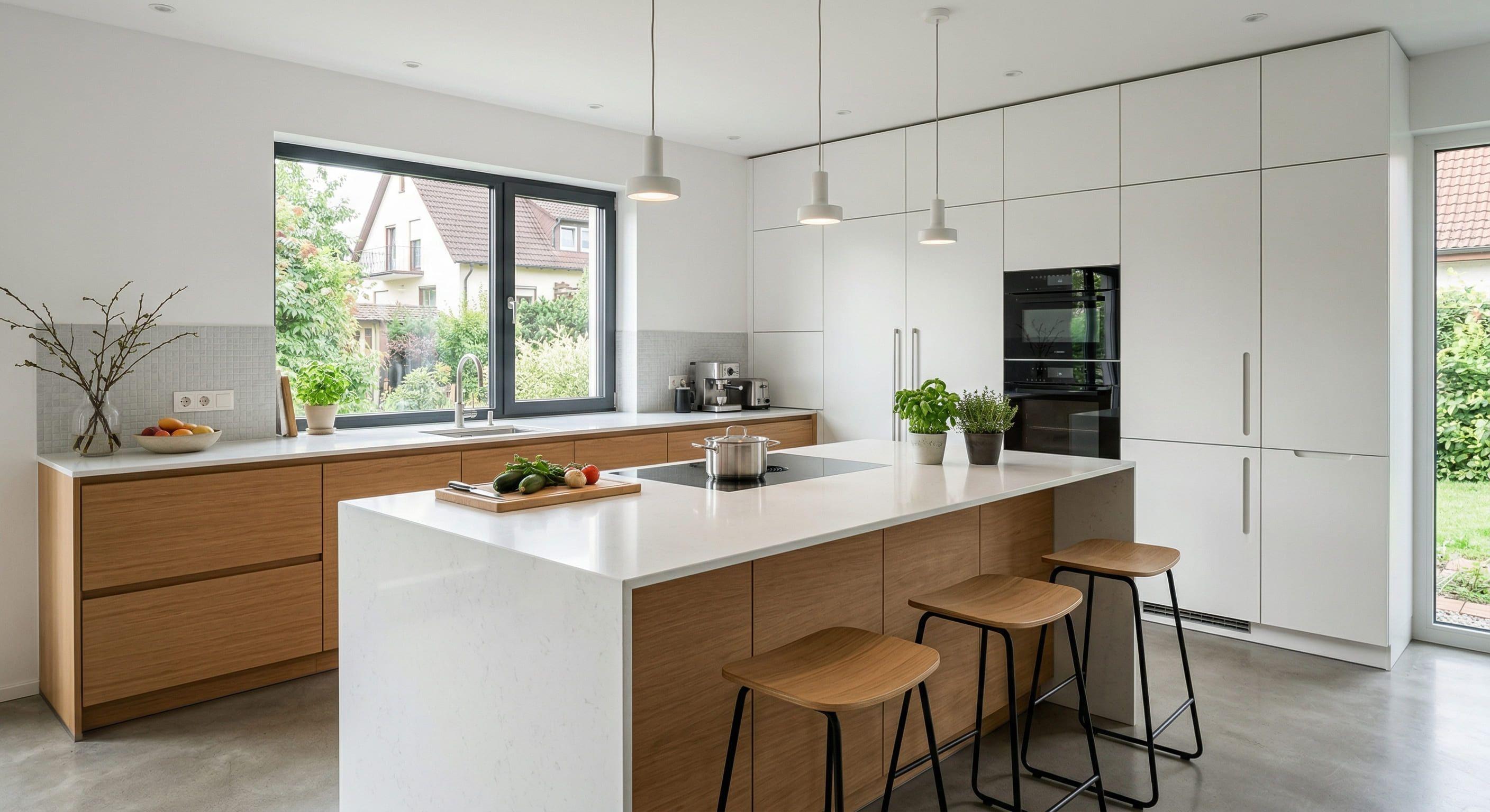 Helle Küche mit weißer Kochinsel, Holzfronten und Barhockern vor Gartenfenster